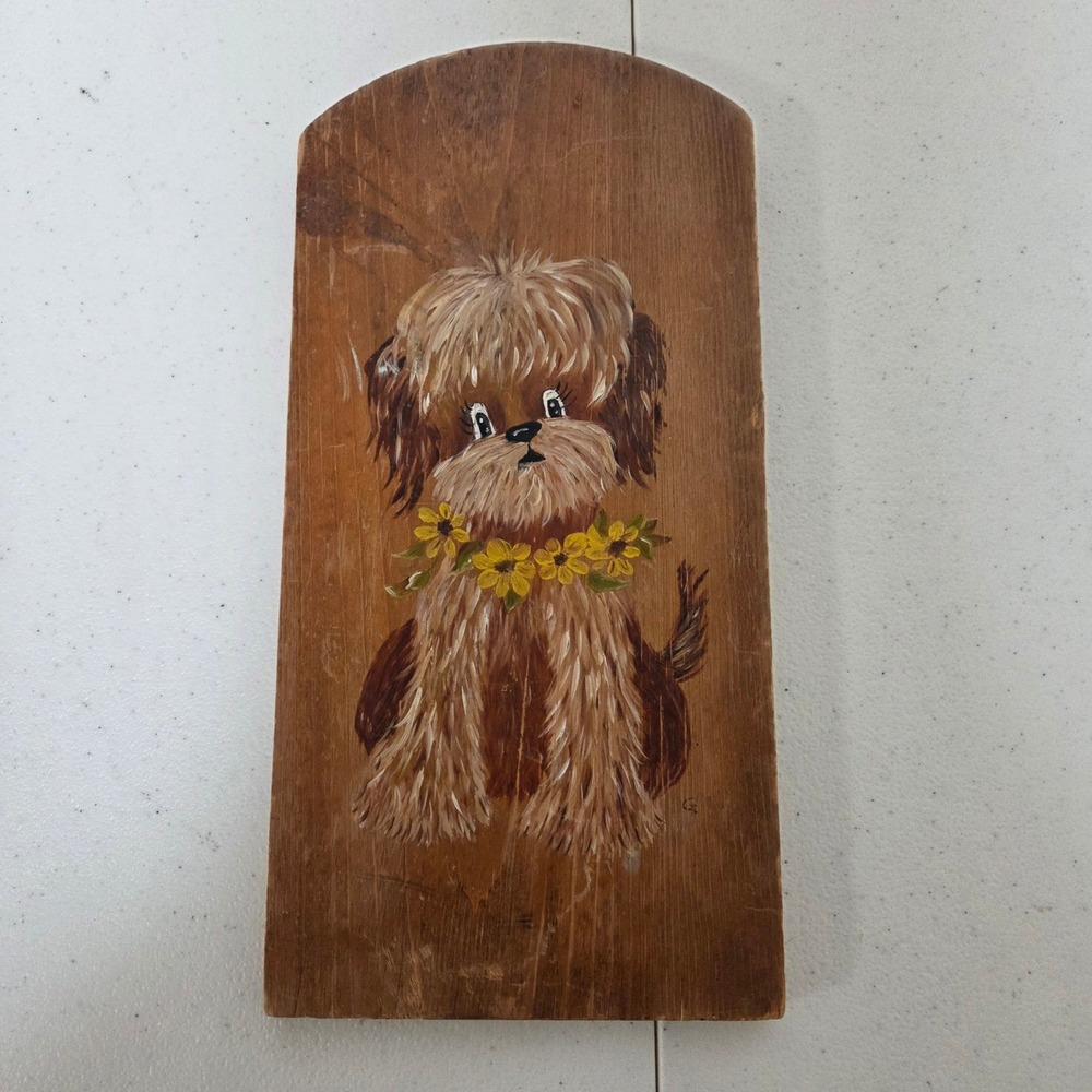 Vintage Hand Painted Dog Wood Wall Plaque Folk Art Puppy Floral 11.75in